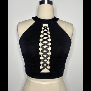 Black Lace-Up Backless Halter Crop Top